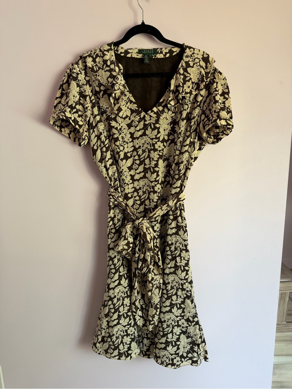 Lauren By Ralph Lauren Buttery Silk Brown/Cream Floral Puff Sleeve Dress 14w